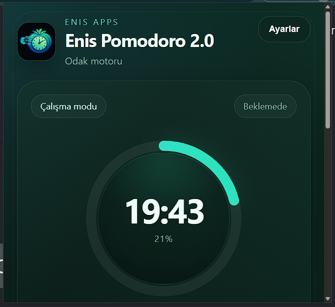 Enis Pomodoro Timer 2.0 ana ekranı