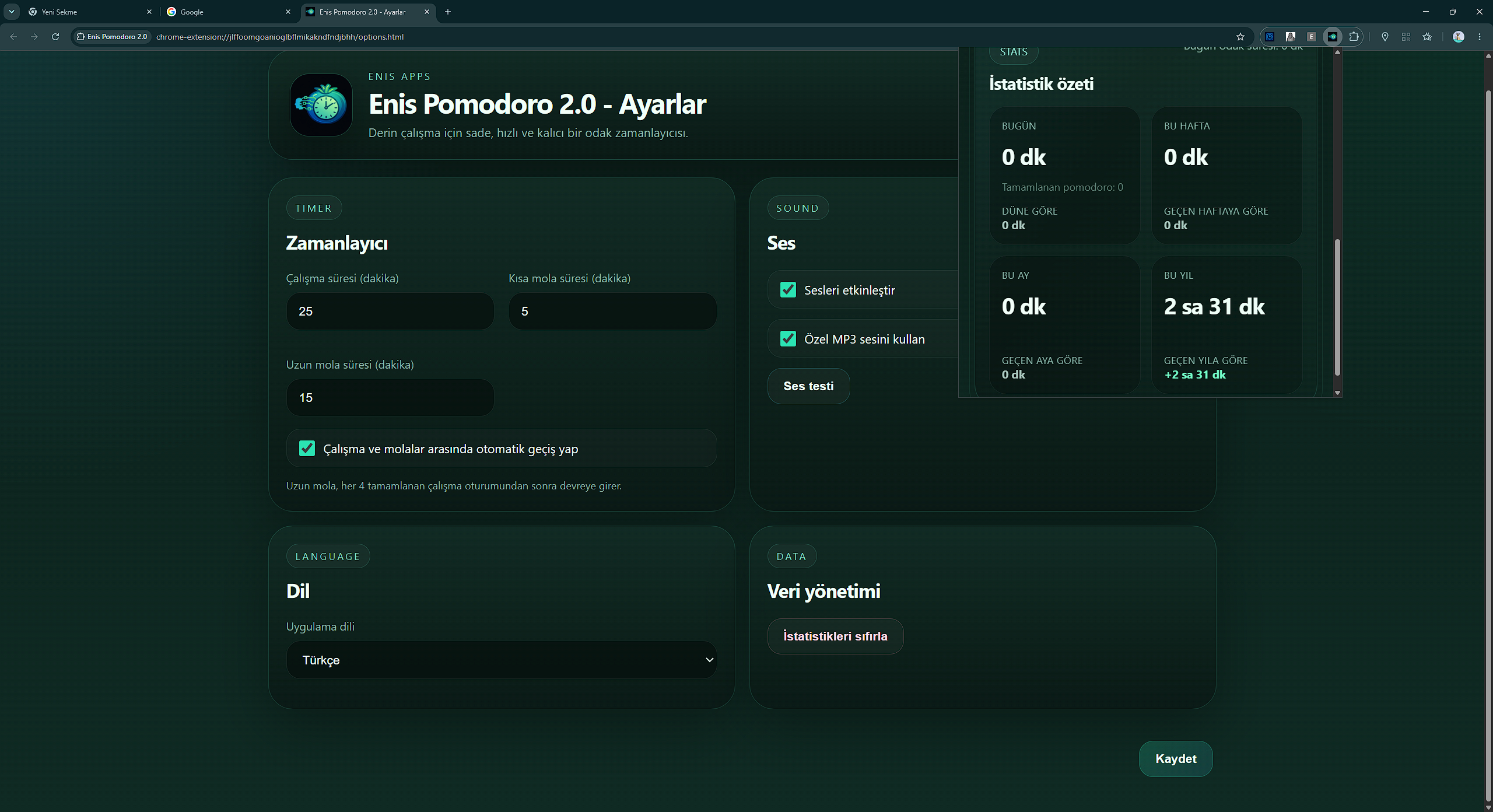 Pomodoro Türkçe ayarlar ekranı